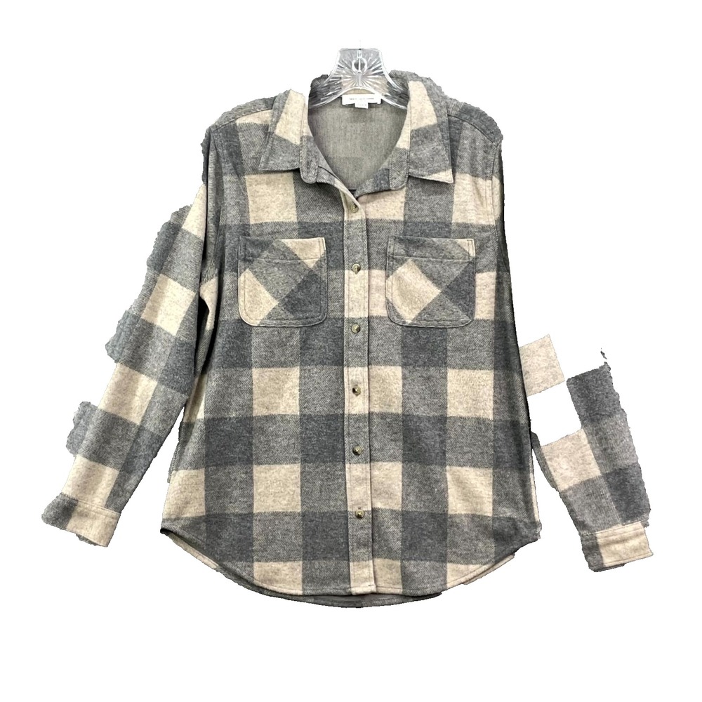 Beach Lunch Lounge Flannel Shirt Women Small Gray Plaid Button Up Outdoor Hiking
